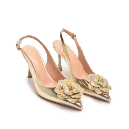 Golden Slingback Heels with Floral Embellishment | 484N-X
