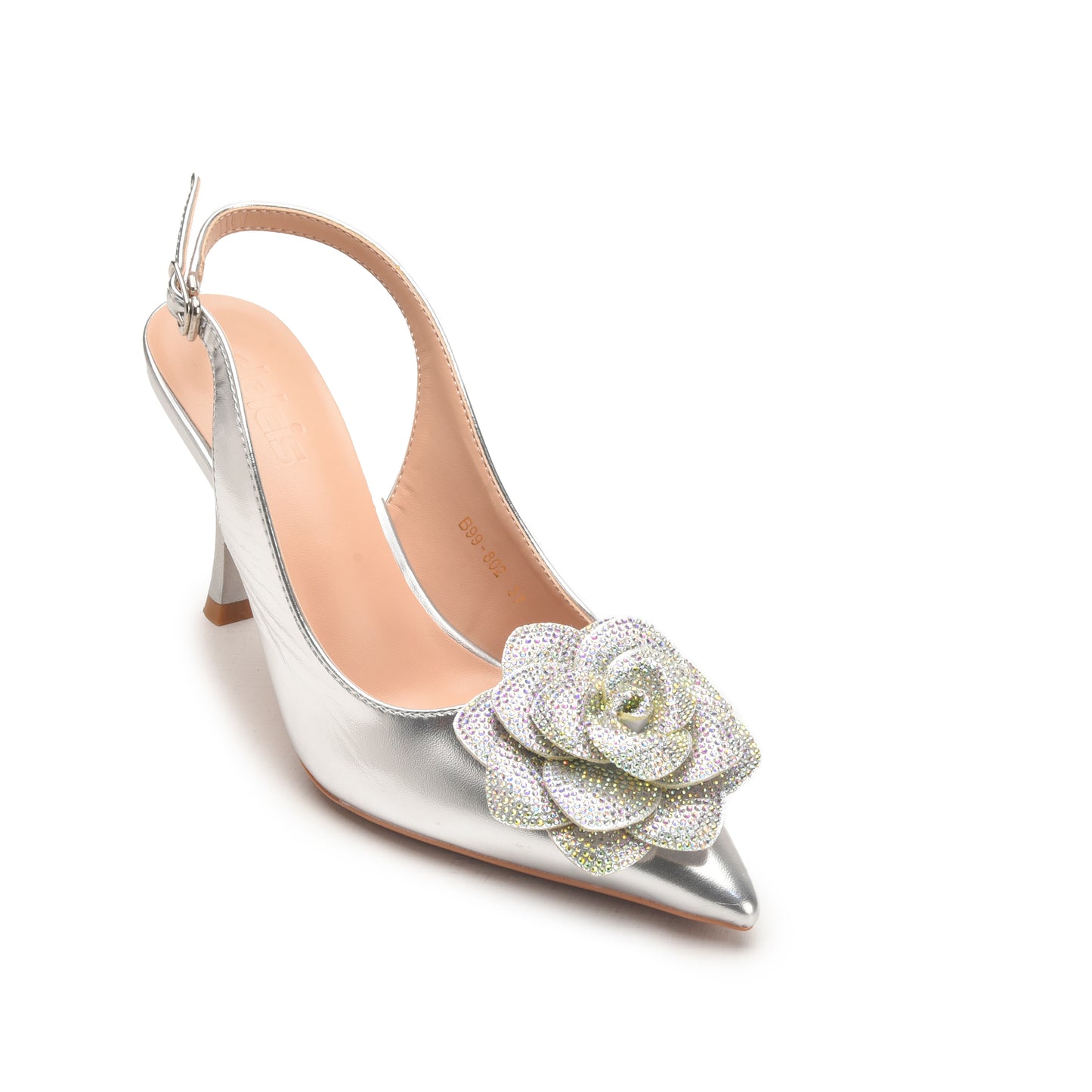Silver Slingback Heels with Floral Embellishment | 484N-S