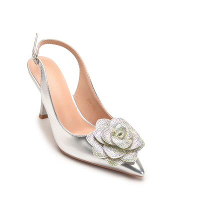 Silver Slingback Heels with Floral Embellishment | 484N-S