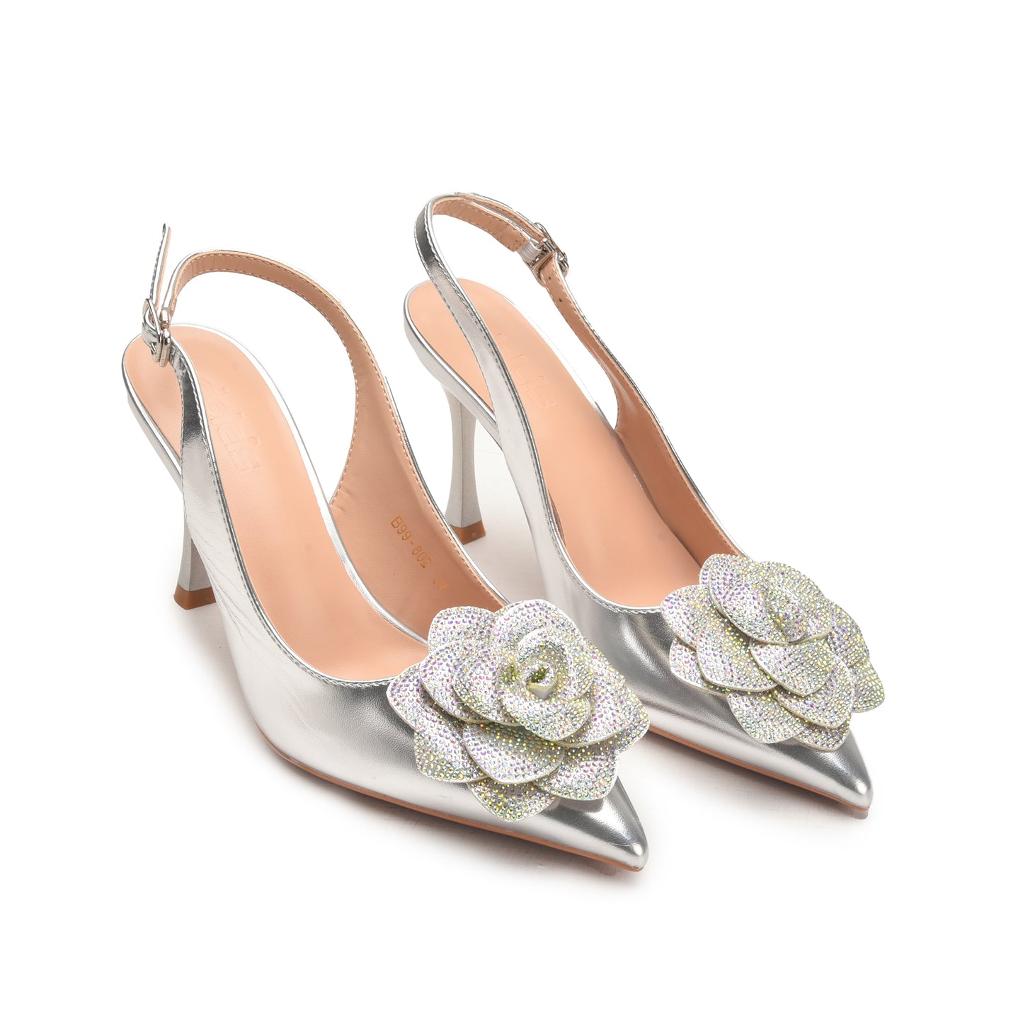 Silver Slingback Heels with Floral Embellishment | 484N-S