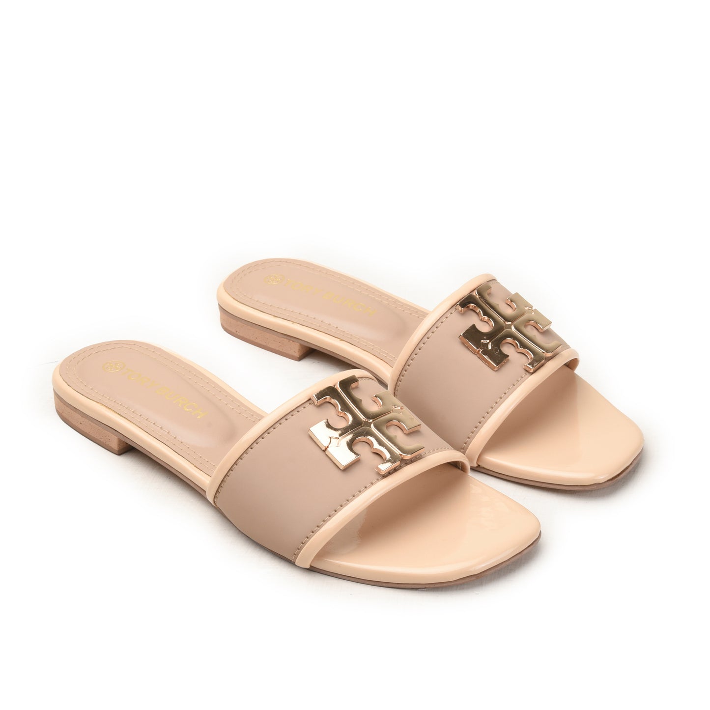 Beige Flat Slides with Chain Detail Slippers| 522M-F