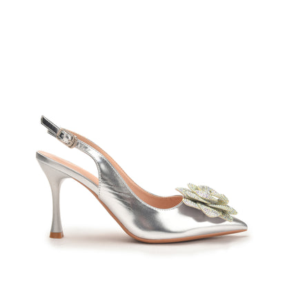 Silver Slingback Heels with Floral Embellishment | 484N-S