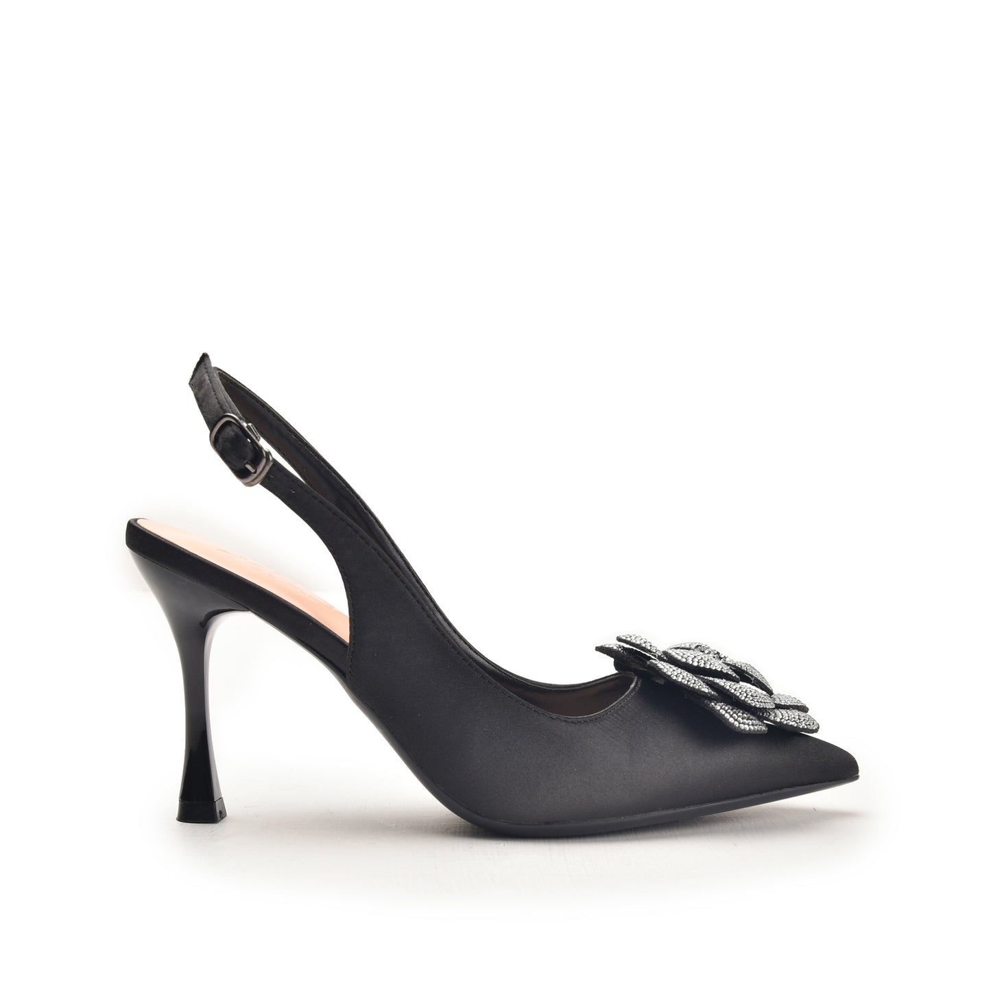 A black high-heeled shoe with a decorative element on the vamp.