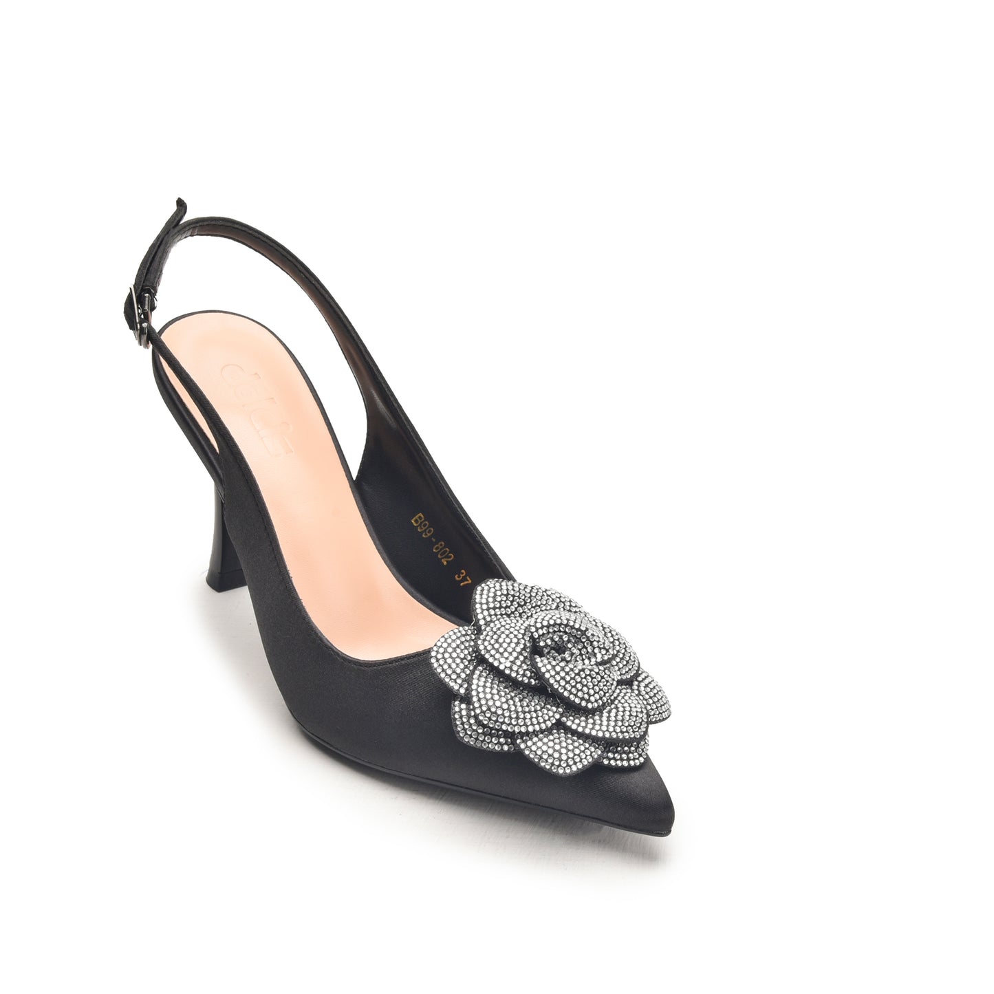 Black Slingback Heels with Floral Embellishment | 484N-C