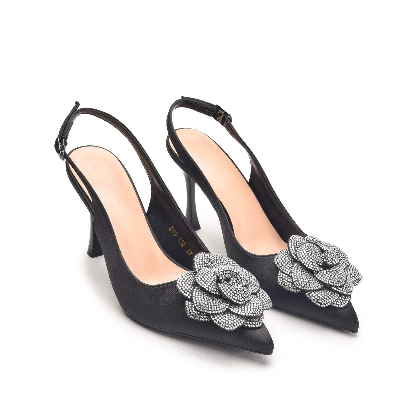 Black Slingback Heels with Floral Embellishment | 484N-C