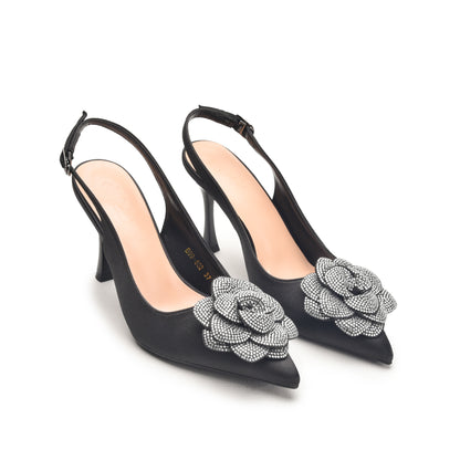 Black Slingback Heels with Floral Embellishment | 484N-C