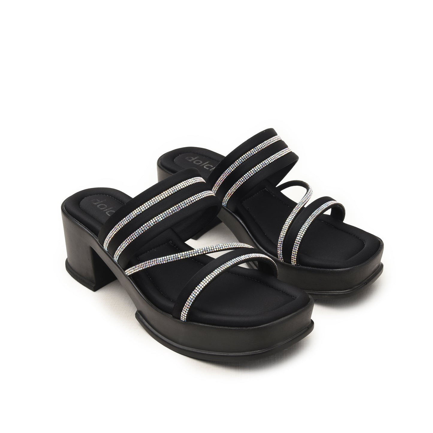 Chic Black Block Heels with Crystal Straps Flat | 534M-C