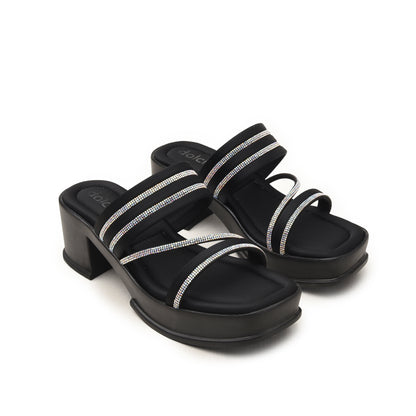 Chic Black Block Heels with Crystal Straps Flat | 534M-C