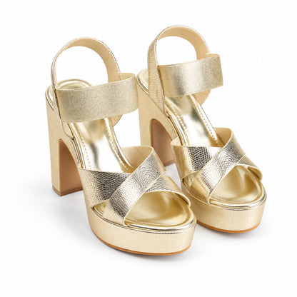 Golden Crystal Ankle Strap Block Heels | 275H-X