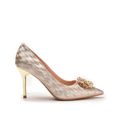 Golden Stiletto Heels with Floral Embellishment | 485N-X
