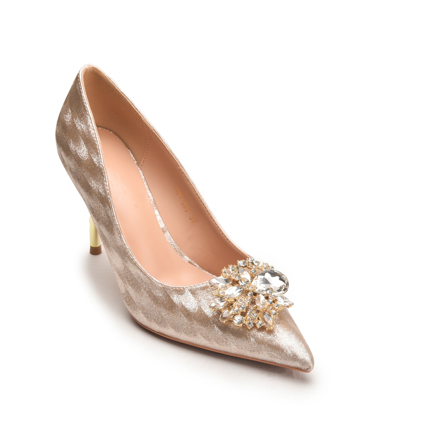Golden Stiletto Heels with Floral Embellishment | 485N-X