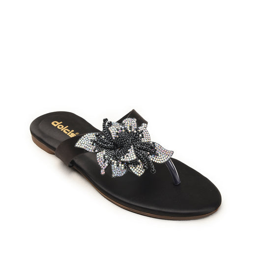Black Floral Embellished Flat Sandals for Women Slippers | 778R-C