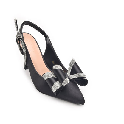 Black High Heels with Bow and Crystal Straps | 486N-C