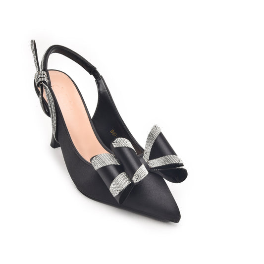 Black High Heels with Bow and Crystal Straps | 486N-C