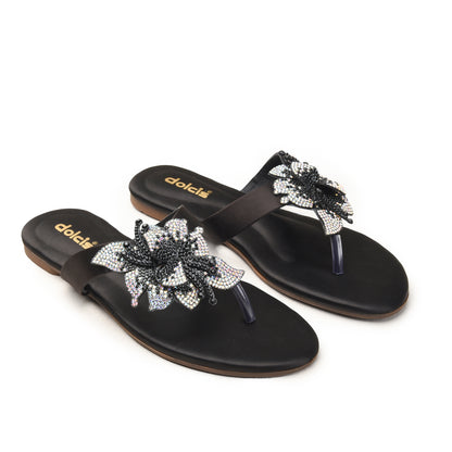 Black Floral Embellished Flat Sandals for Women Slippers | 778R-C
