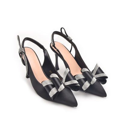 Black High Heels with Bow and Crystal Straps | 486N-C