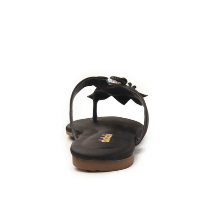 Black Floral Embellished Flat Sandals for Women Slippers | 778R-C