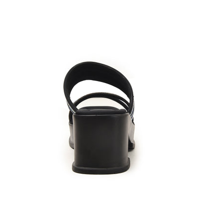 Chic Black Block Heels with Crystal Straps Flat | 534M-C