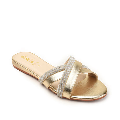 Golden Flats with Sparkling Straps Slippers | 516M-X