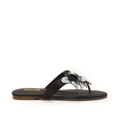 Black Floral Embellished Flat Sandals for Women Slippers | 778R-C