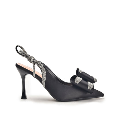 Black High Heels with Bow and Crystal Straps | 486N-C