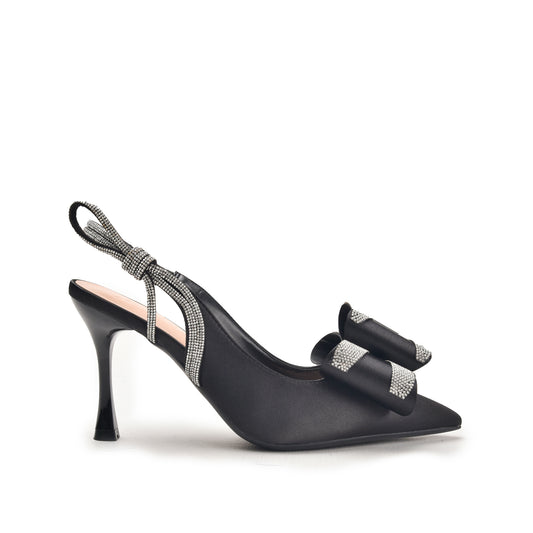 Black High Heels with Bow and Crystal Straps | 486N-C