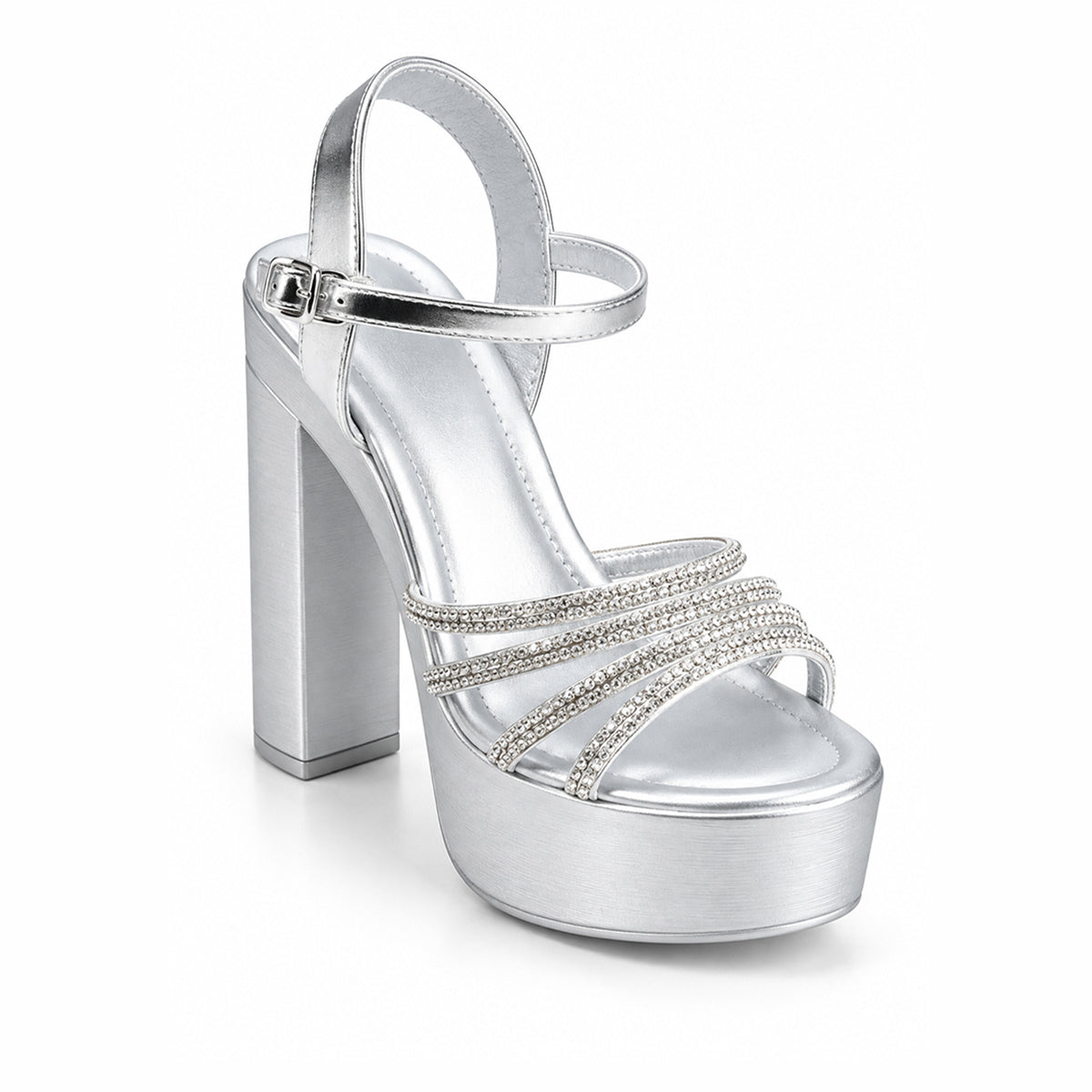 Silver Crystal Ankle Strap Block Heels | 277H-S