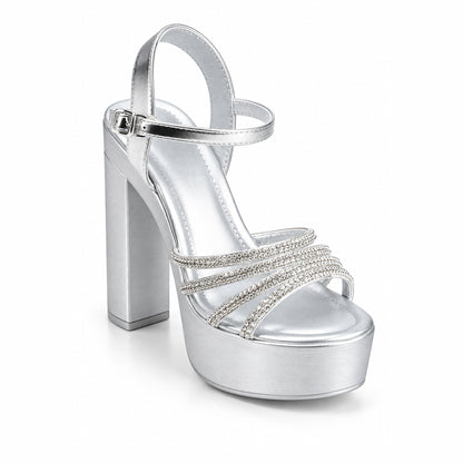 Silver Crystal Ankle Strap Block Heels | 277H-S