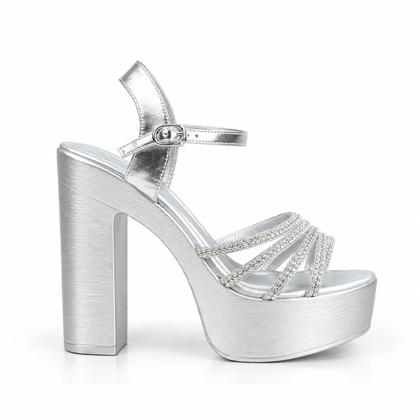 Silver Crystal Ankle Strap Block Heels | 277H-S