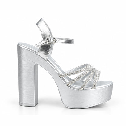 Silver Crystal Ankle Strap Block Heels | 277H-S