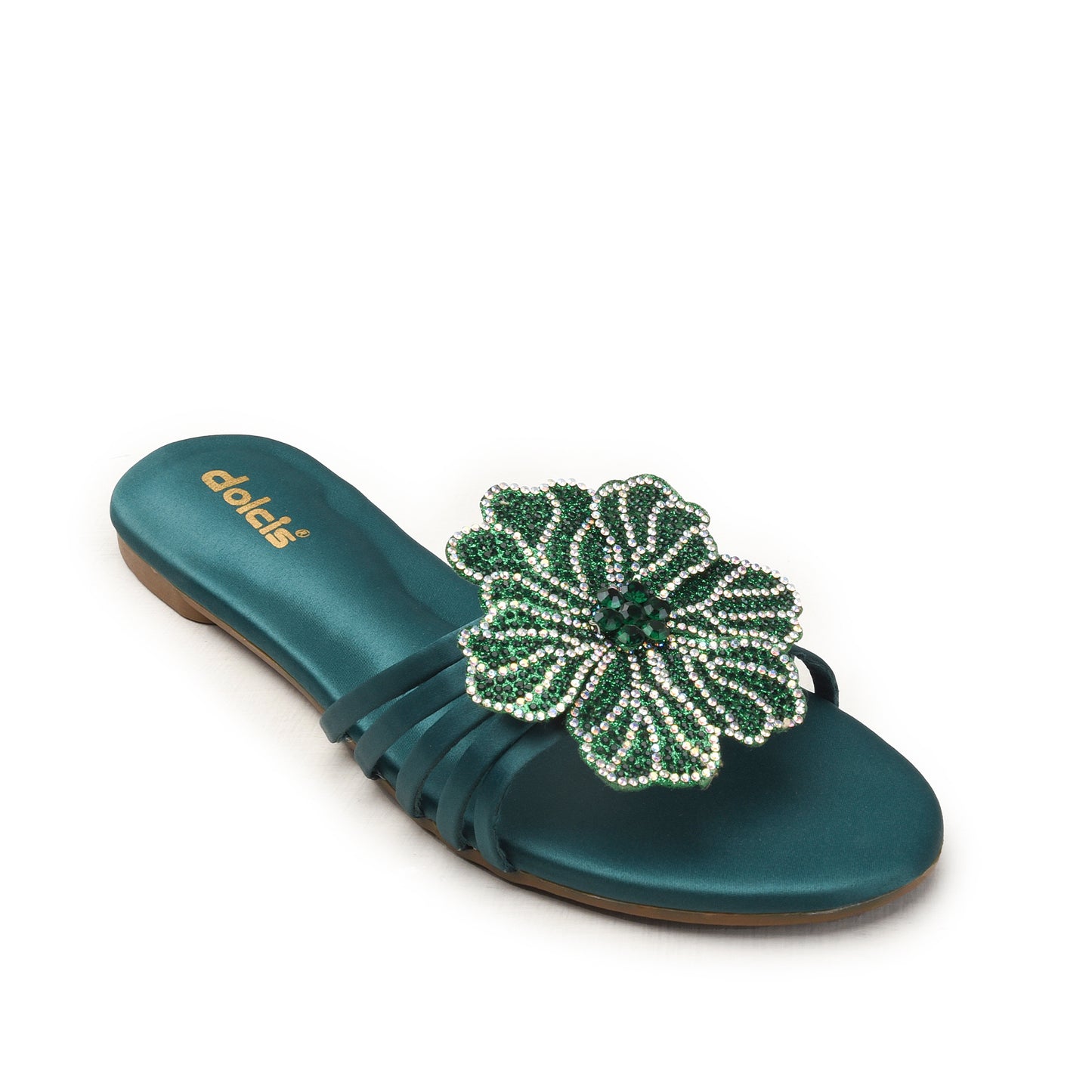 Teal Floral Flats with Embellished Strap Slippers| 519M-K