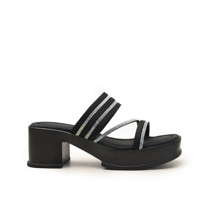 Chic Black Block Heels with Crystal Straps Flat | 534M-C