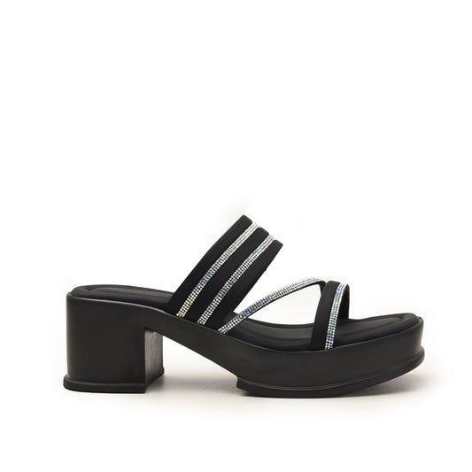 Chic Black Block Heels with Crystal Straps Flat | 534M-C