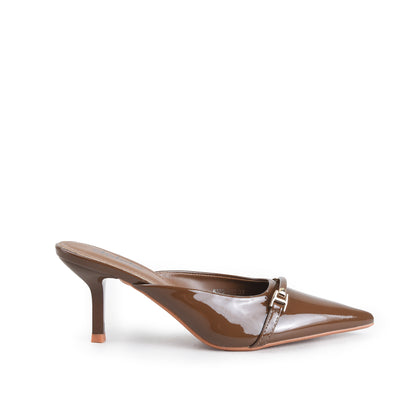 Brown Patent Strap Mule Heels| 433P-B