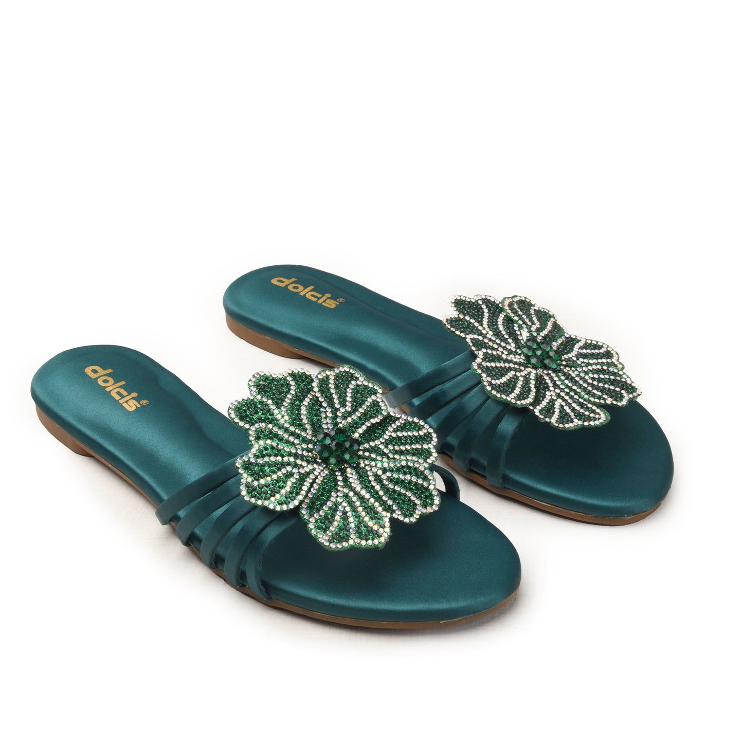 Teal Floral Flats with Embellished Strap Slippers| 519M-K