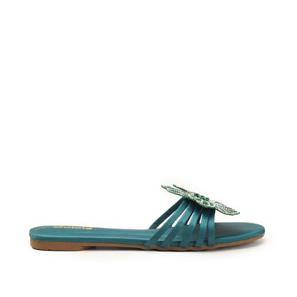 Teal Floral Flats with Embellished Strap Slippers| 519M-K