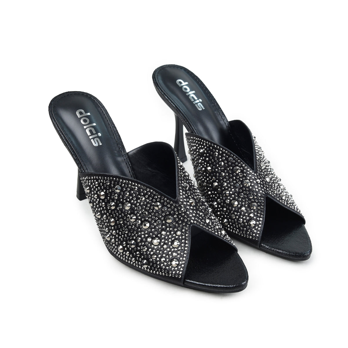 Black Crystal Pencil Heel Sandals | 514N-C