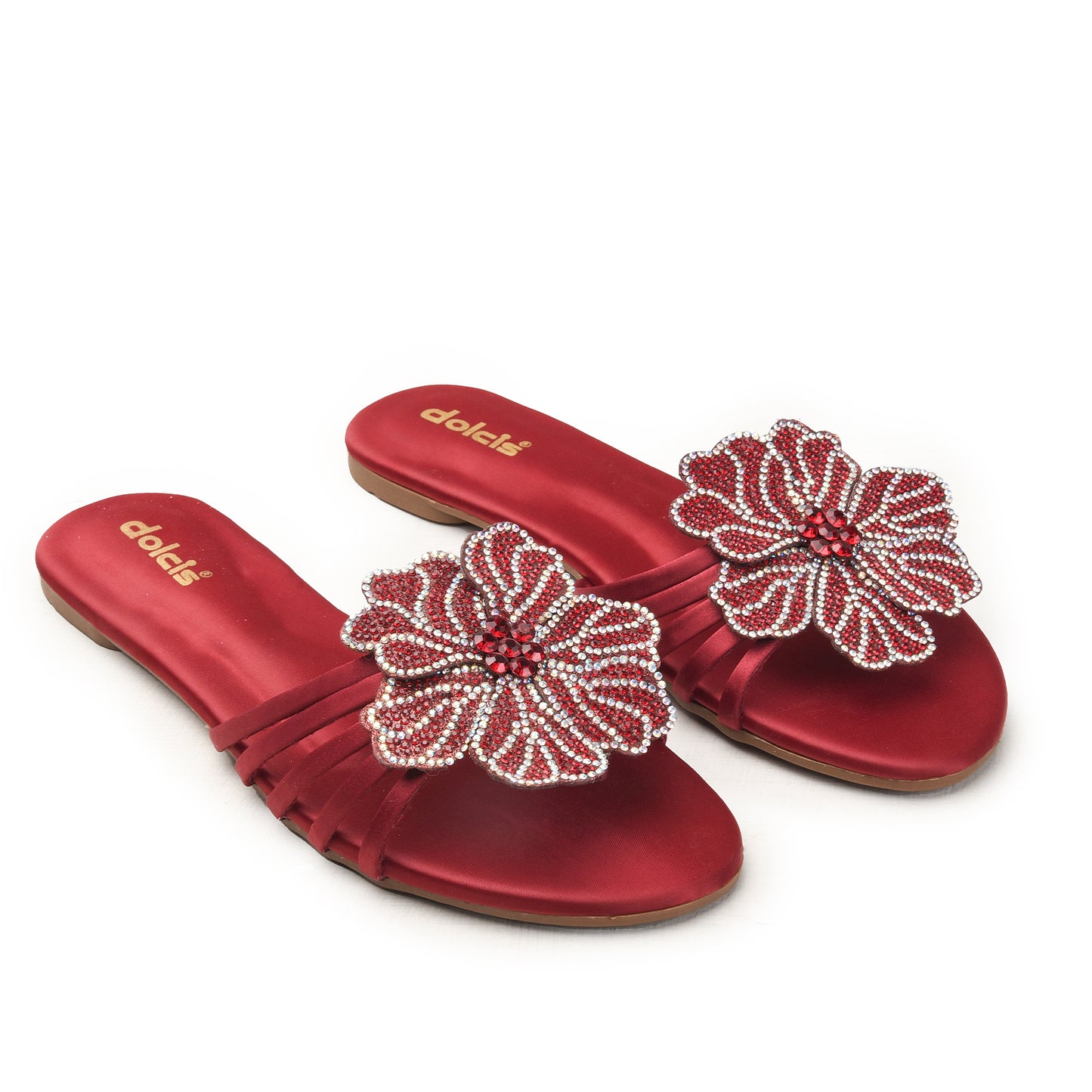 Red Floral Flats with Rhinestone Detail Slippers| 519M-M