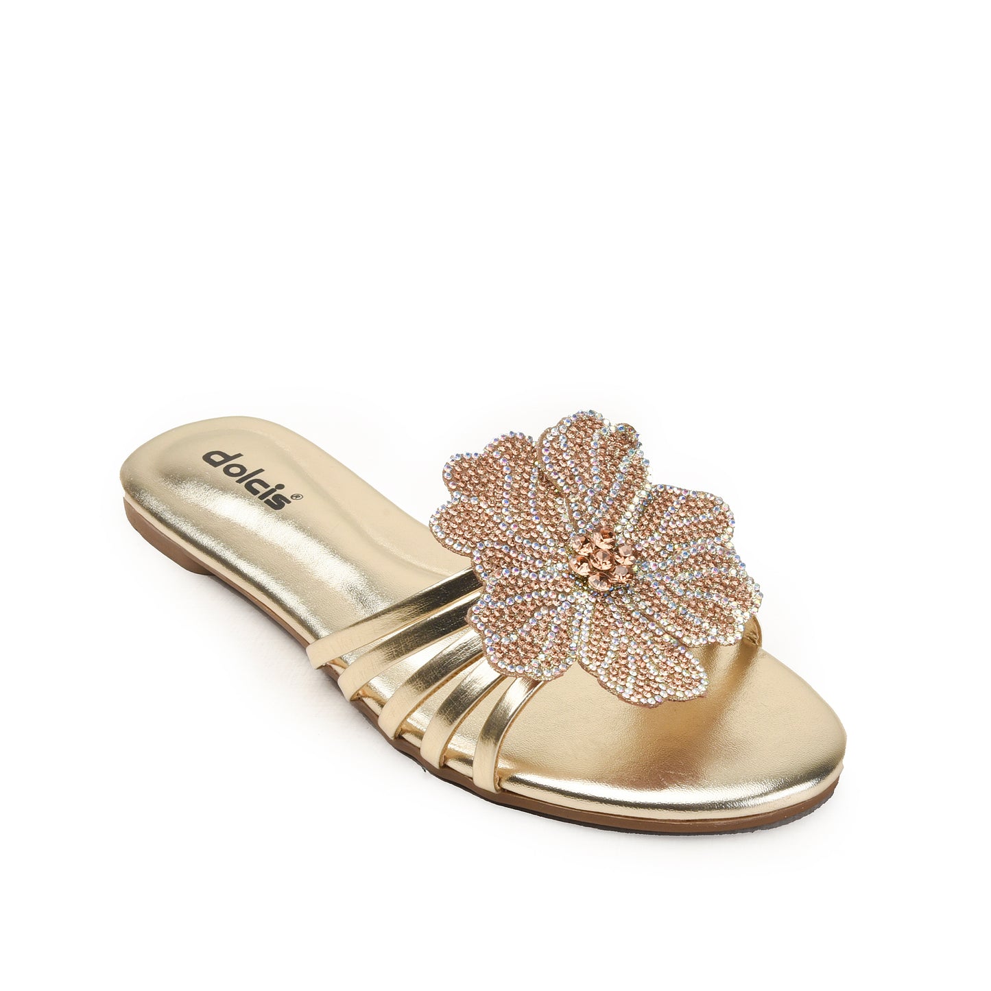 Gold Slide Flats with Embellished Bow Slippers | 519M-X