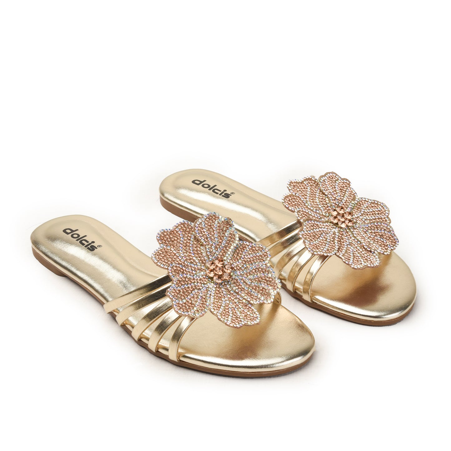 Gold Slide Flats with Embellished Bow Slippers | 519M-X
