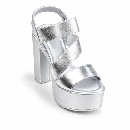 Silver Crystal Ankle Strap Block Heels | 279H-S