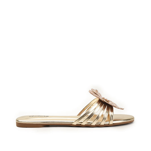 Gold Slide Flats with Embellished Bow Slippers | 519M-X
