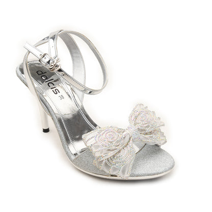 Silver Glitter Heels with Embellished Bow | 216H-S