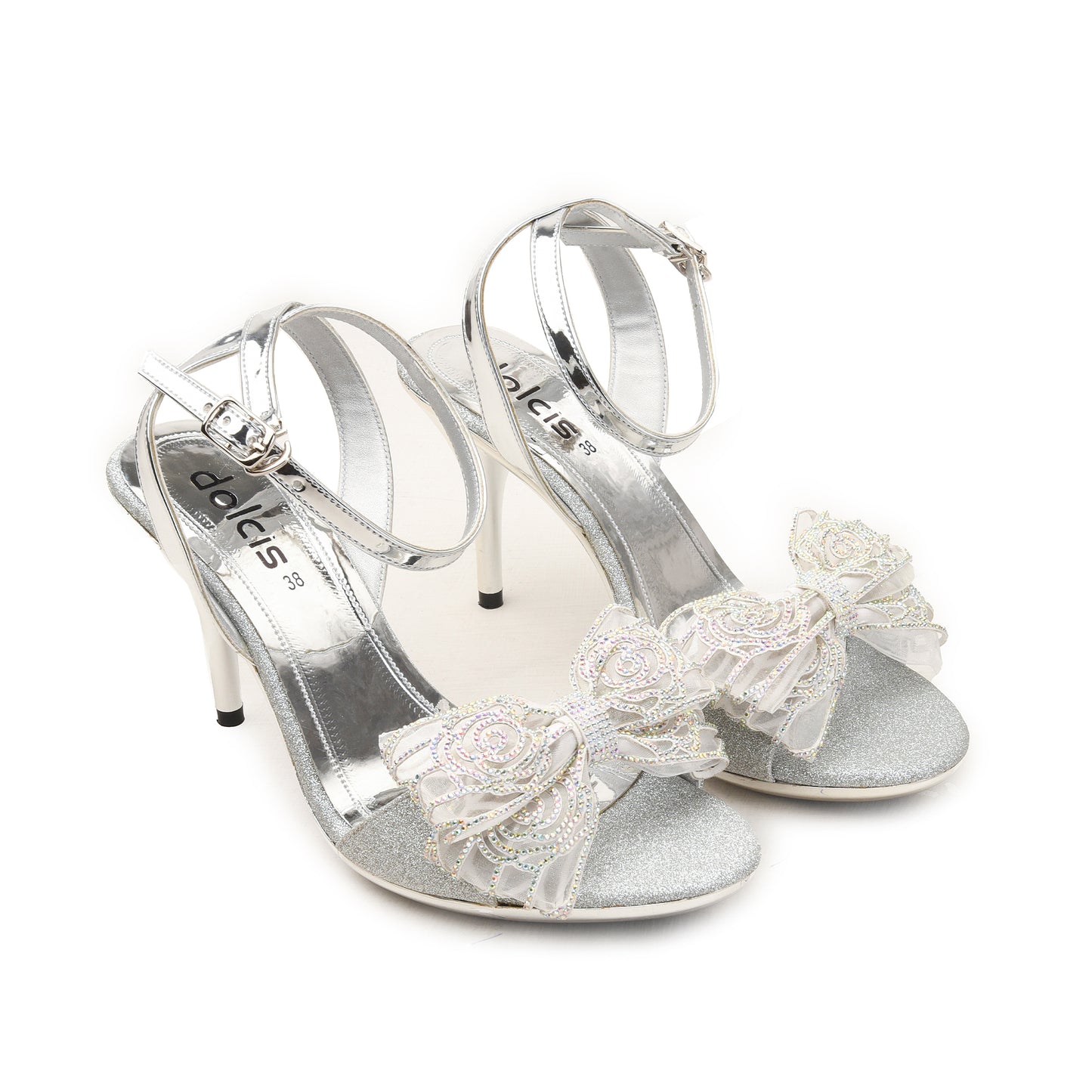Silver Glitter Heels with Embellished Bow | 216H-S