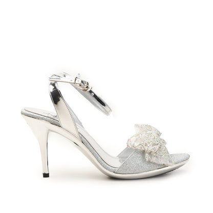 Silver Glitter Heels with Embellished Bow | 216H-S