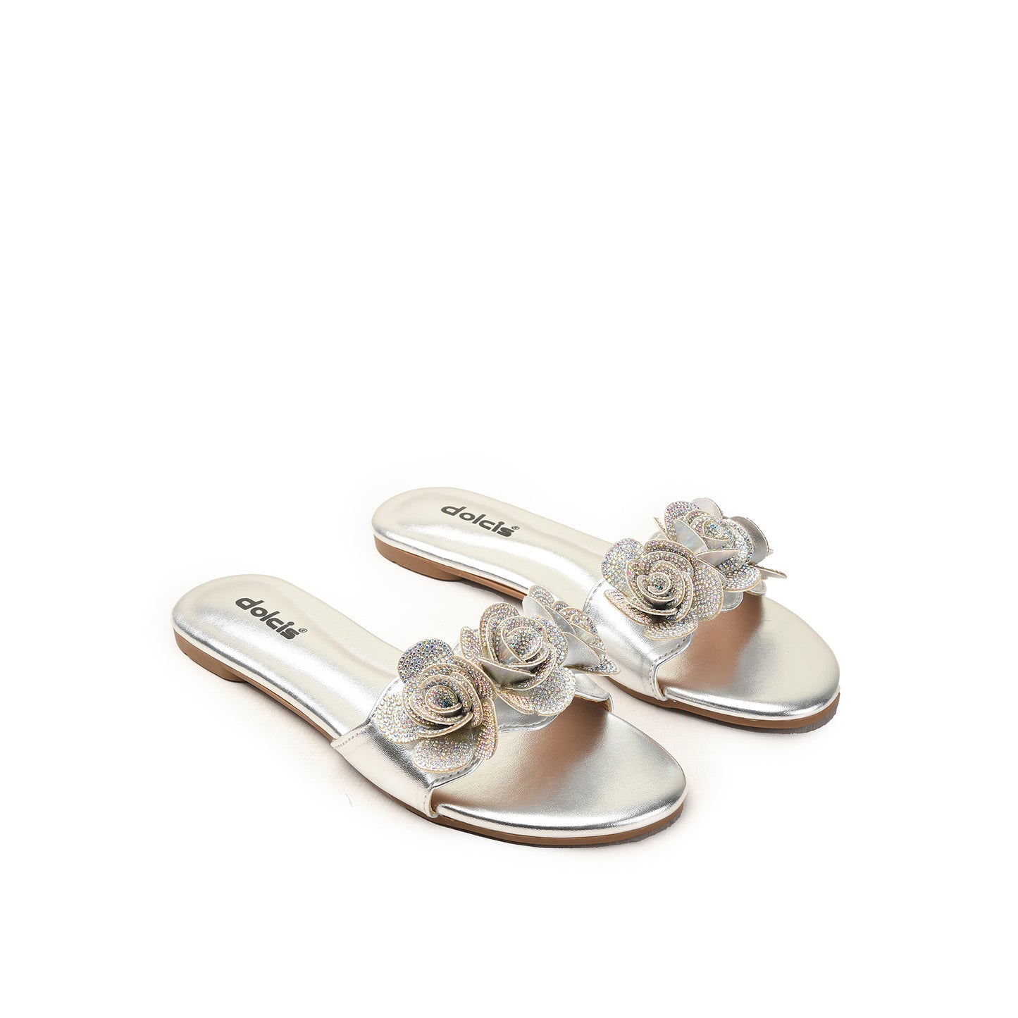 Silver Rose Flat Slides for Women Slippers | 518M-S