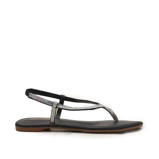 Black Rhinestone Flat Sandals Slippers | 221H-C