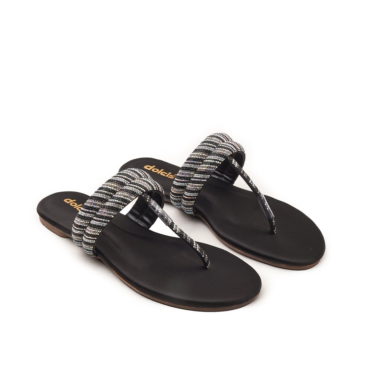 Black Beaded Flat Sandals for Women Slippers | 782R-C