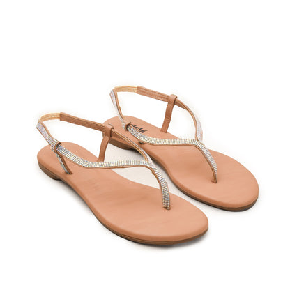 Nude T-Strap Flats with Rhinestones Slippers | 221H-F