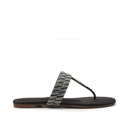 Black Beaded Flat Sandals for Women Slippers | 782R-C